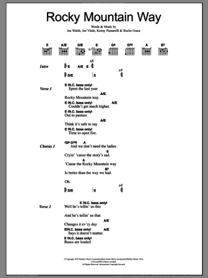 Rocky Mountain Way sheet music for guitar (chords) by Joe Walsh, Joe Vitale, Kenny Passarelli and Rocke Grace, intermediate skill level