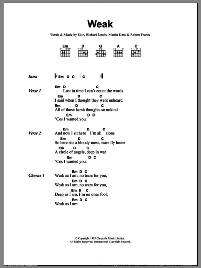 Weak sheet music for guitar (chords) by Skunk Anansie, Martin Kent, Richard Lewis, Robert France and Skin, intermediate skill level