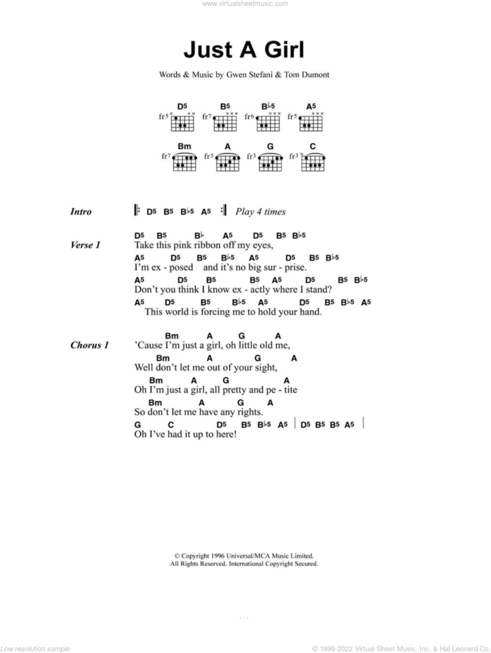 Just A Girl sheet music for guitar (chords) by No Doubt, Gwen Stefani and Tom Dumont, intermediate skill level
