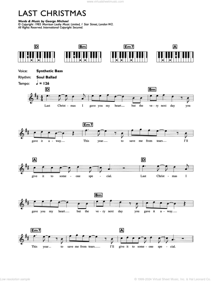 Last Christmas sheet music for piano solo (chords, lyrics, melody) by Wham! and George Michael, intermediate piano (chords, lyrics, melody)