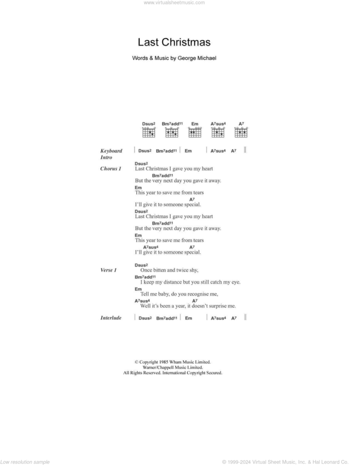 Last Christmas sheet music for guitar (chords) by Wham! and George Michael, intermediate skill level