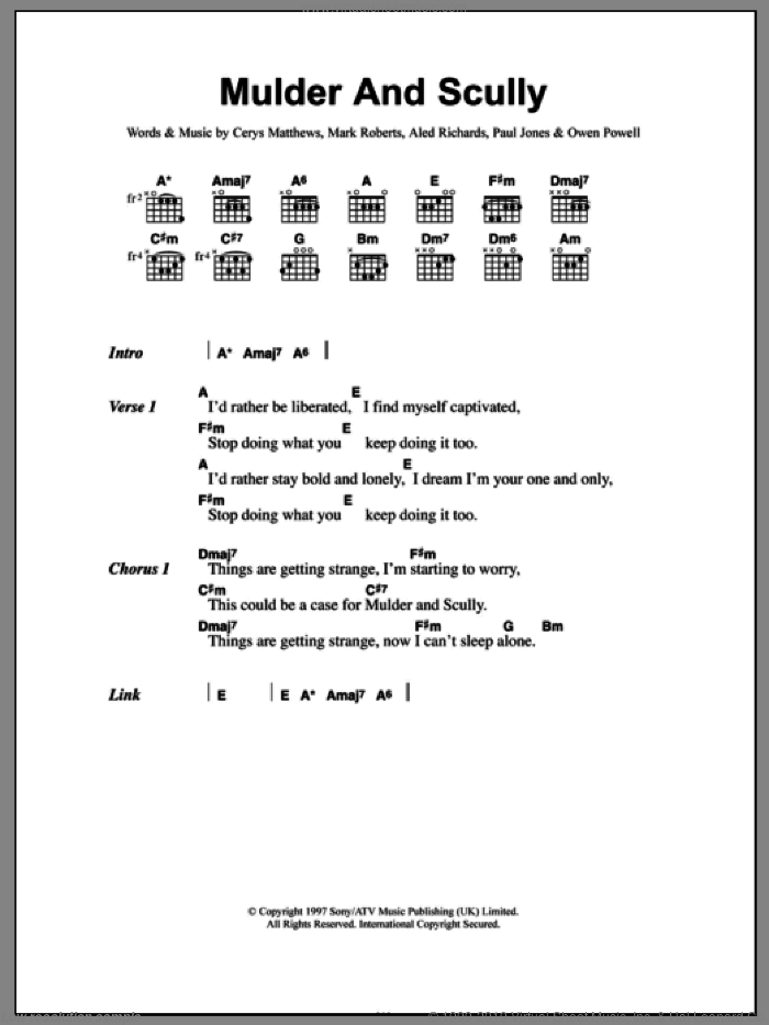 Mulder And Scully sheet music for guitar (chords) by Catatonia, Aled Richards, Cerys Matthews, Mark Roberts, Owen Powell and Paul Jones, intermediate skill level