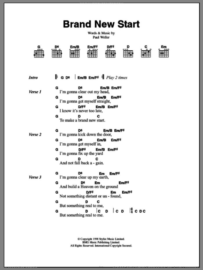 Brand New Start sheet music for guitar (chords) by Paul Weller, intermediate skill level