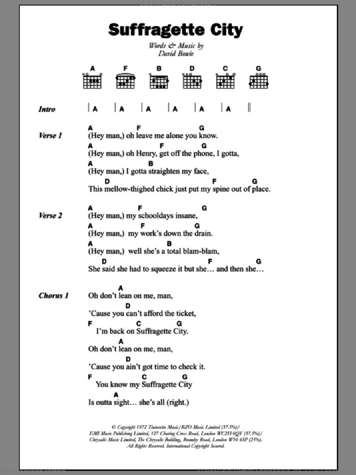 Suffragette City sheet music for guitar (chords) by David Bowie, intermediate skill level