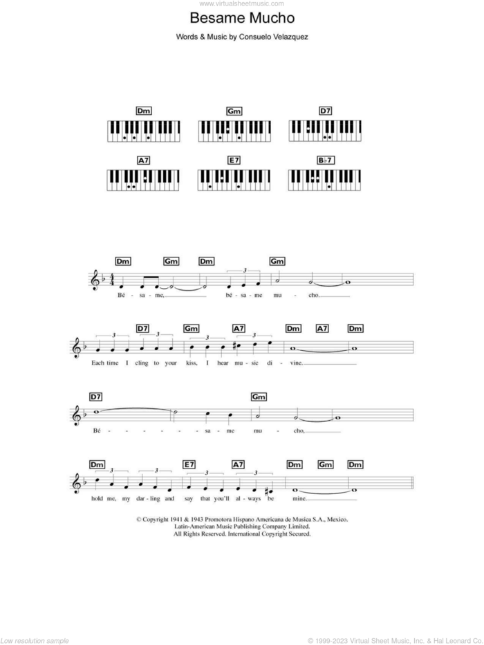 Besame Mucho (Kiss Me Much) sheet music for piano solo (chords, lyrics, melody) by Consuelo Velazquez, intermediate piano (chords, lyrics, melody)