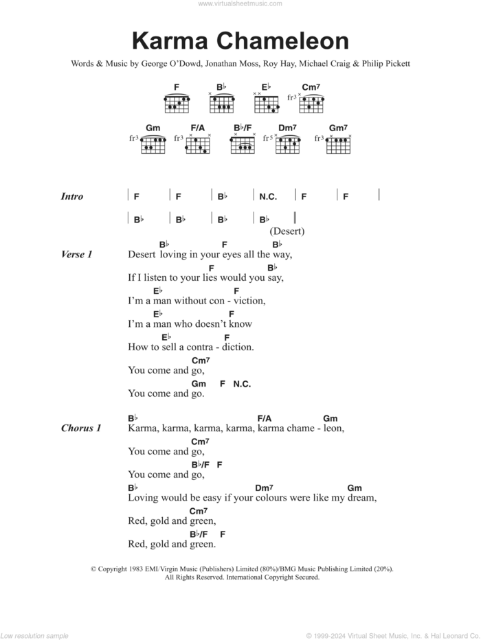 Karma Chameleon sheet music for guitar (chords) by Culture Club, Jonathan Moss, Michael Craig, Philip Pickett and Roy Hay, intermediate skill level