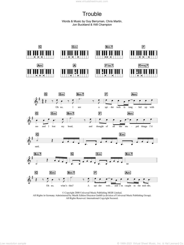 Trouble sheet music for piano solo (chords, lyrics, melody) by Coldplay, Chris Martin, Guy Berryman, Jon Buckland and Will Champion, intermediate piano (chords, lyrics, melody)