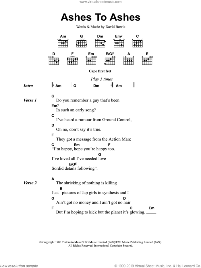 Ashes To Ashes sheet music for guitar (chords) by David Bowie, intermediate skill level