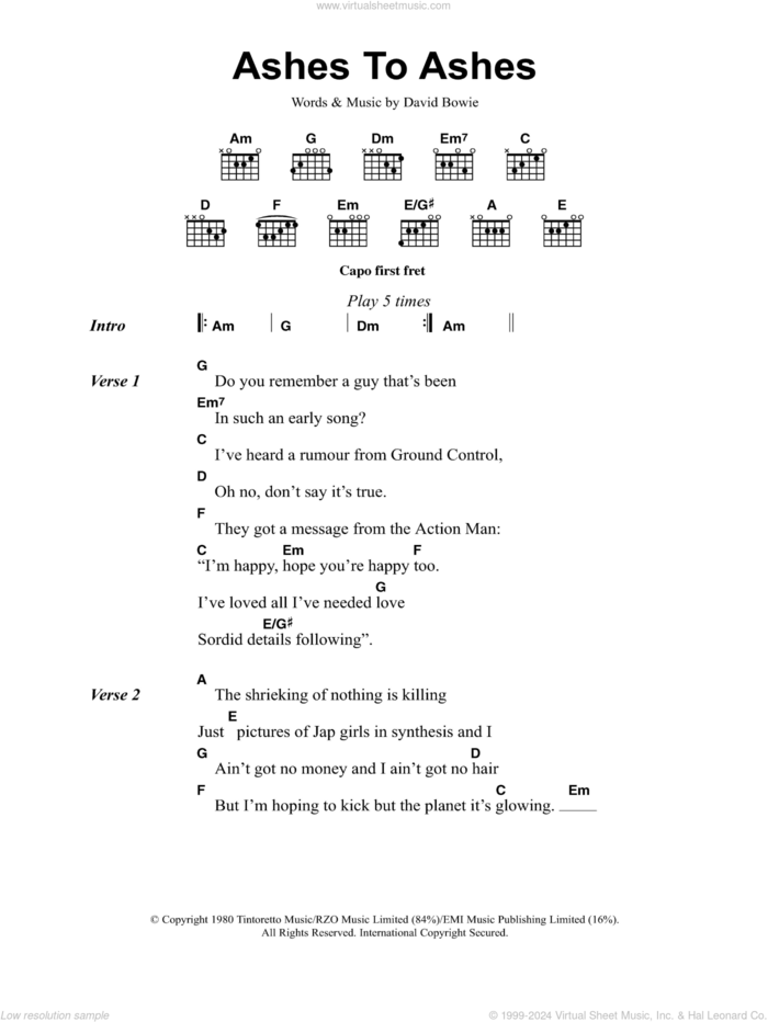 Ashes To Ashes sheet music for guitar (chords) by David Bowie, intermediate skill level