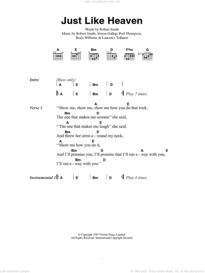 Just Like Heaven sheet music for guitar (chords) by The Cure, Boris Williams, Laurence Tolhurst, Porl Thompson, Robert Smith and Simon Gallup, intermediate skill level