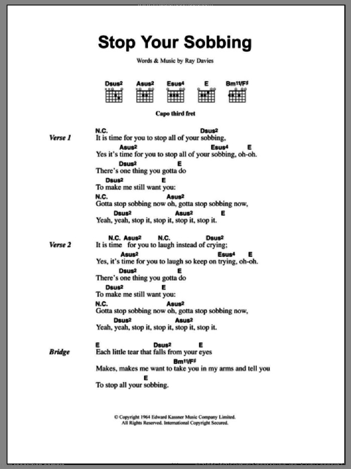 Stop Your Sobbing sheet music for guitar (chords) by The Pretenders, Shania Twain and Ray Davies, intermediate skill level