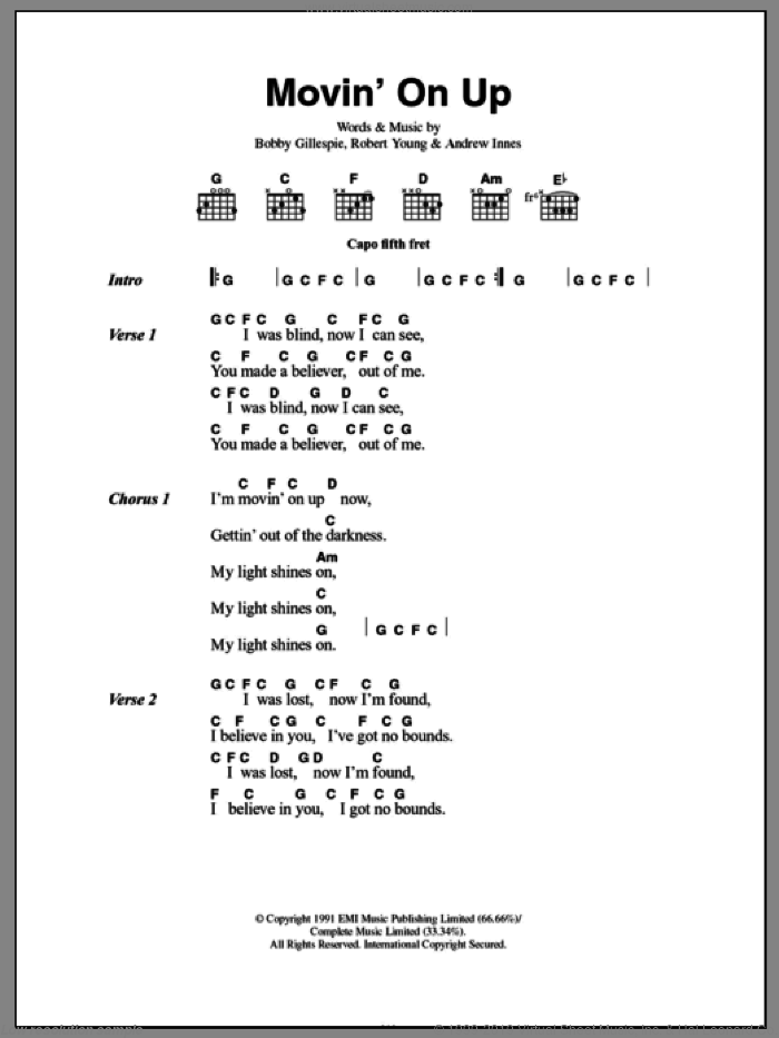 Movin' On Up sheet music for guitar (chords) by Primal Scream, The New Radicals, Andrew Innes, Bobby Gillespie and Robert Young, intermediate skill level