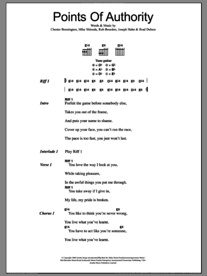 Points Of Authority sheet music for guitar (chords) by Linkin Park, Brad Delson, Chester Bennington, Joseph Hahn, Mike Shinoda and Rob Bourdon, intermediate skill level