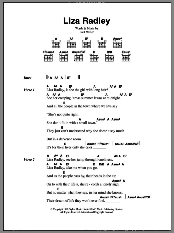 Liza Radley sheet music for guitar (chords) by The Jam and Paul Weller, intermediate skill level