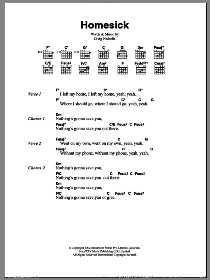 Homesick sheet music for guitar (chords) by The Vines and Craig Nicholls, intermediate skill level