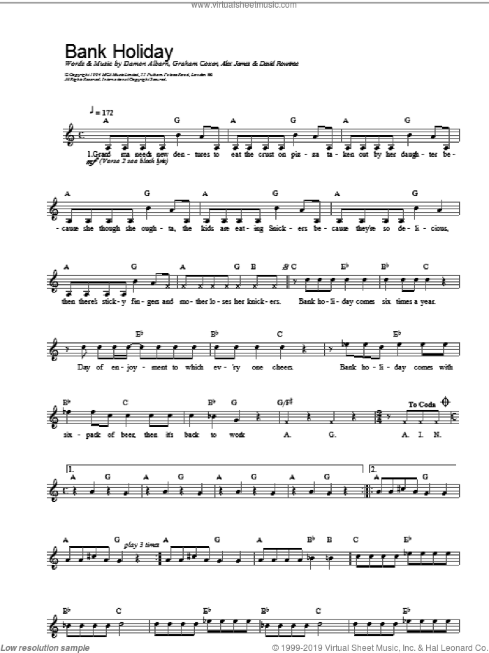 Bank Holiday sheet music for voice and other instruments (fake book) by Blur, intermediate skill level