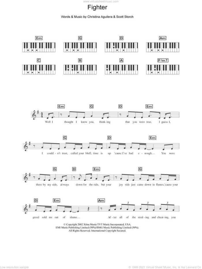 Fighter sheet music for piano solo (chords, lyrics, melody) by Christina Aguilera and Scott Storch, intermediate piano (chords, lyrics, melody)