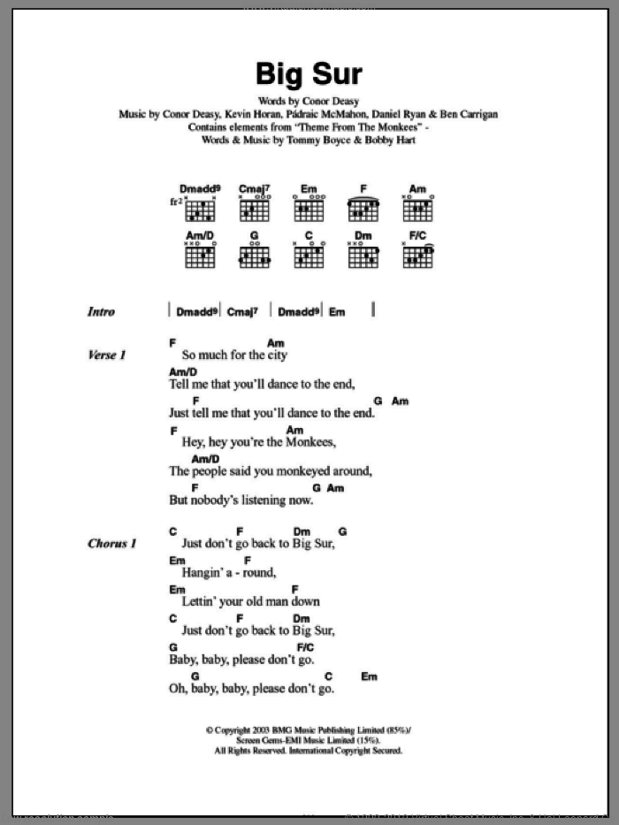 Big Sur sheet music for guitar (chords) by The Thrills, Ben Carrigan, Conor Deasy, Daniel Ryan, Kevin Horan and Padraic McMahon, intermediate skill level