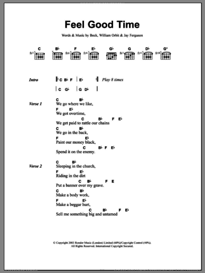 Feel Good Time sheet music for guitar (chords) by Beck Hansen, Miscellaneous, Jay Ferguson and William Orbit, intermediate skill level