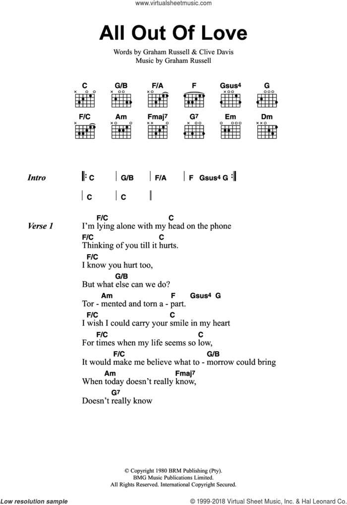All Out Of Love sheet music for guitar (chords) by Air Supply, Clive Davis and Graham Russell, intermediate skill level