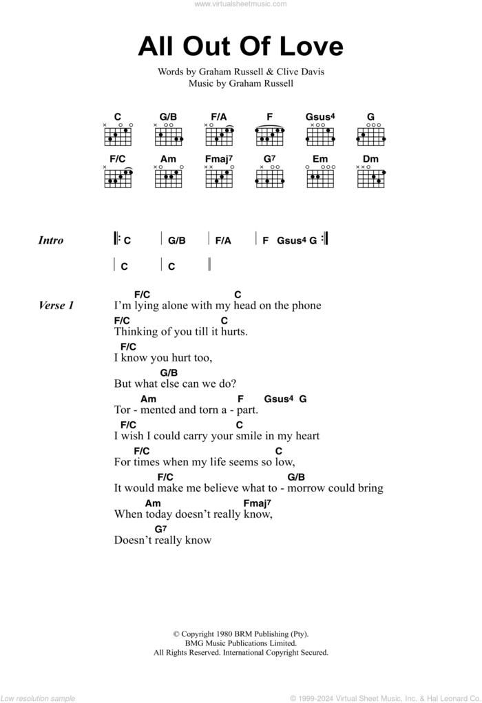 All Out Of Love sheet music for guitar (chords) by Air Supply, Clive Davis and Graham Russell, intermediate skill level