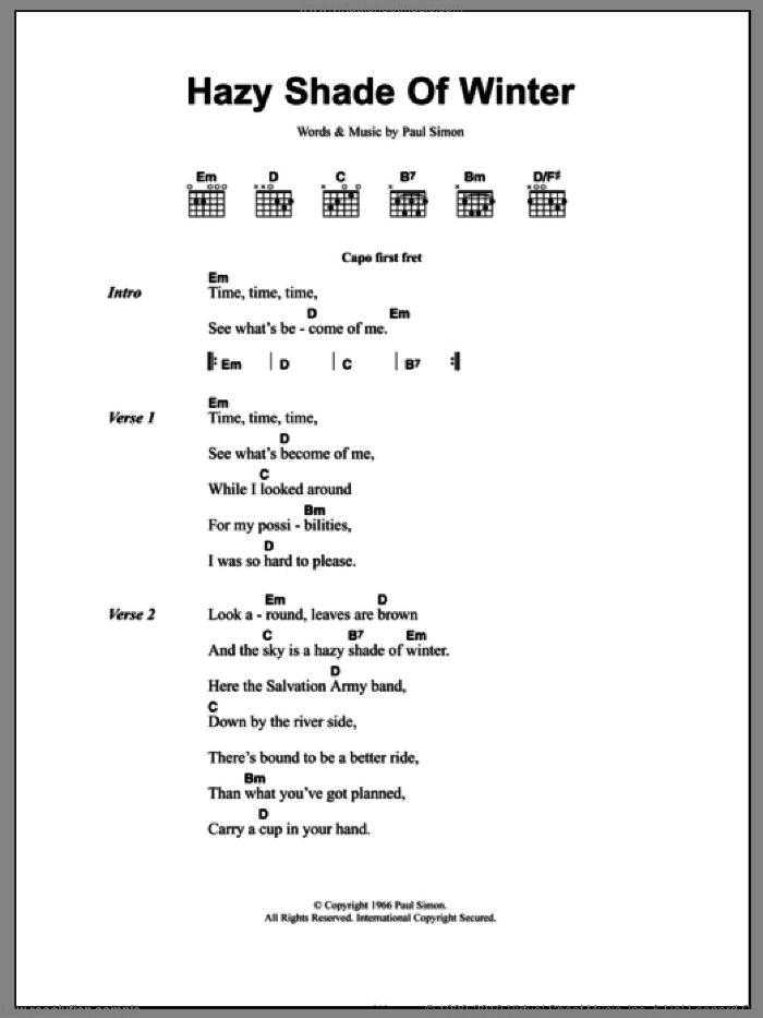 A Hazy Shade Of Winter sheet music for guitar (chords) by Simon & Garfunkel and Paul Simon, intermediate skill level