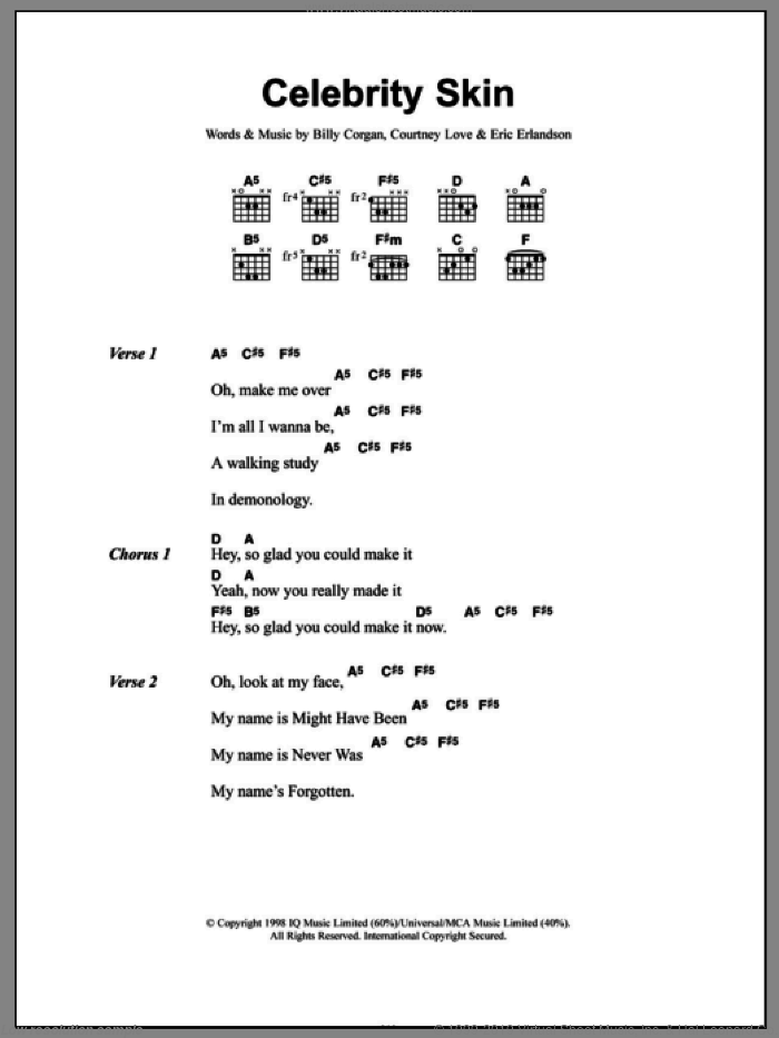 Celebrity Skin sheet music for guitar (chords) by Hole, Billy Corgan, Courtney Love and Eric Erlandson, intermediate skill level