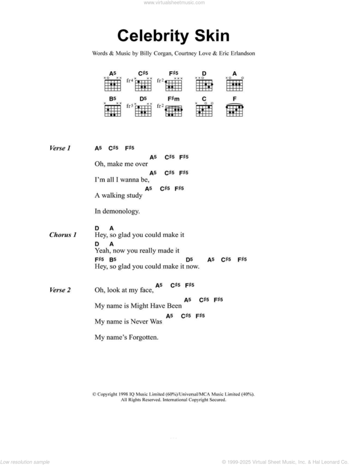 Celebrity Skin sheet music for guitar (chords) by Hole, Billy Corgan, Courtney Love and Eric Erlandson, intermediate skill level