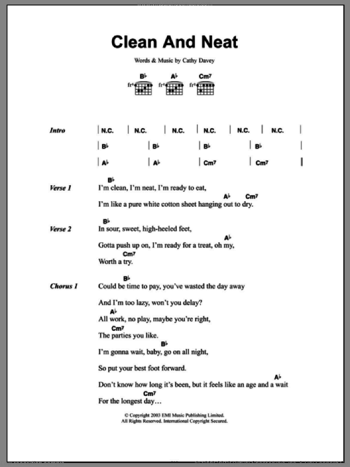 Clean And Neat sheet music for guitar (chords) by Cathy Davey, intermediate skill level