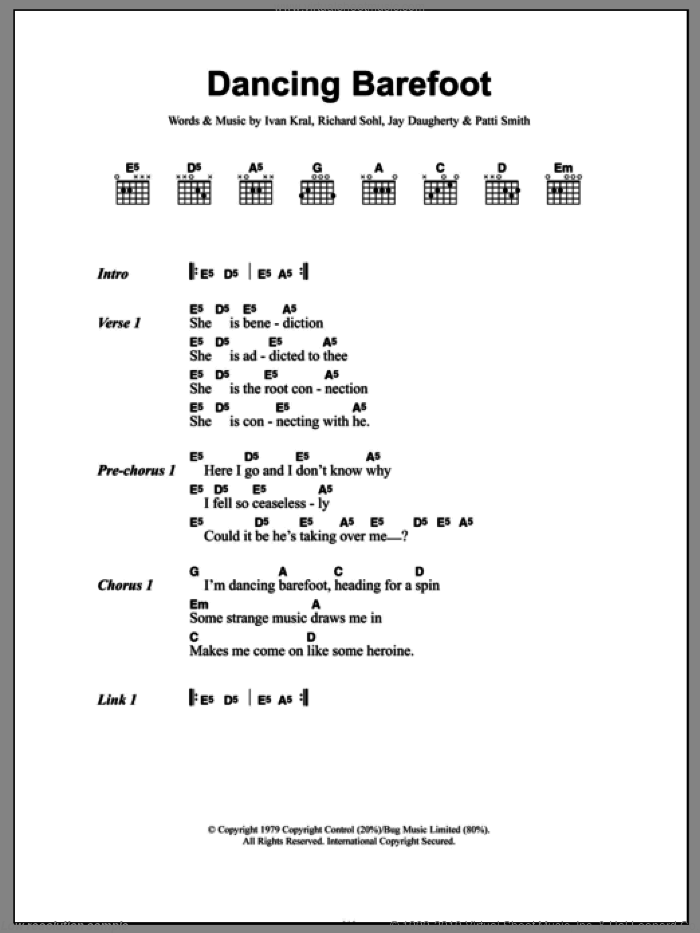 Dancing Barefoot sheet music for guitar (chords) by Patti Smith, Ivan Kral, Jay Daugherty and Richard Sohl, intermediate skill level