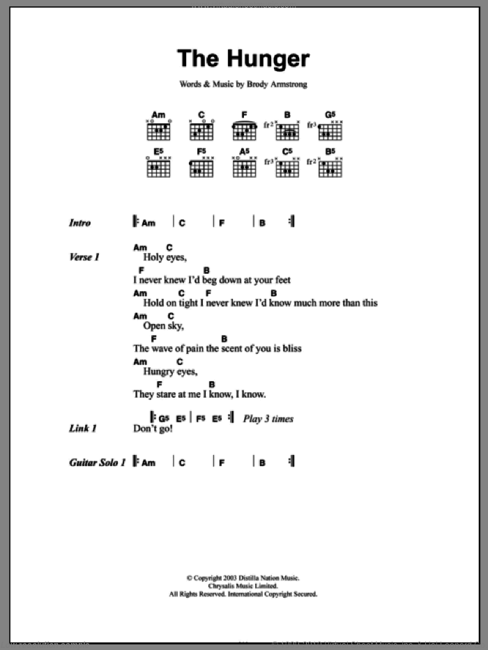 The Hunger sheet music for guitar (chords) by The Distillers and Brody Armstrong, intermediate skill level