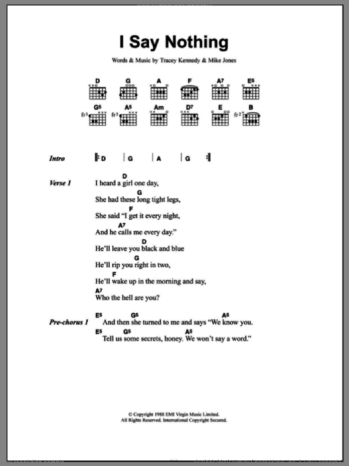 I Say Nothing sheet music for guitar (chords) by Voice Of The Beehive, Mike Jones and Tracey Kennedy, intermediate skill level