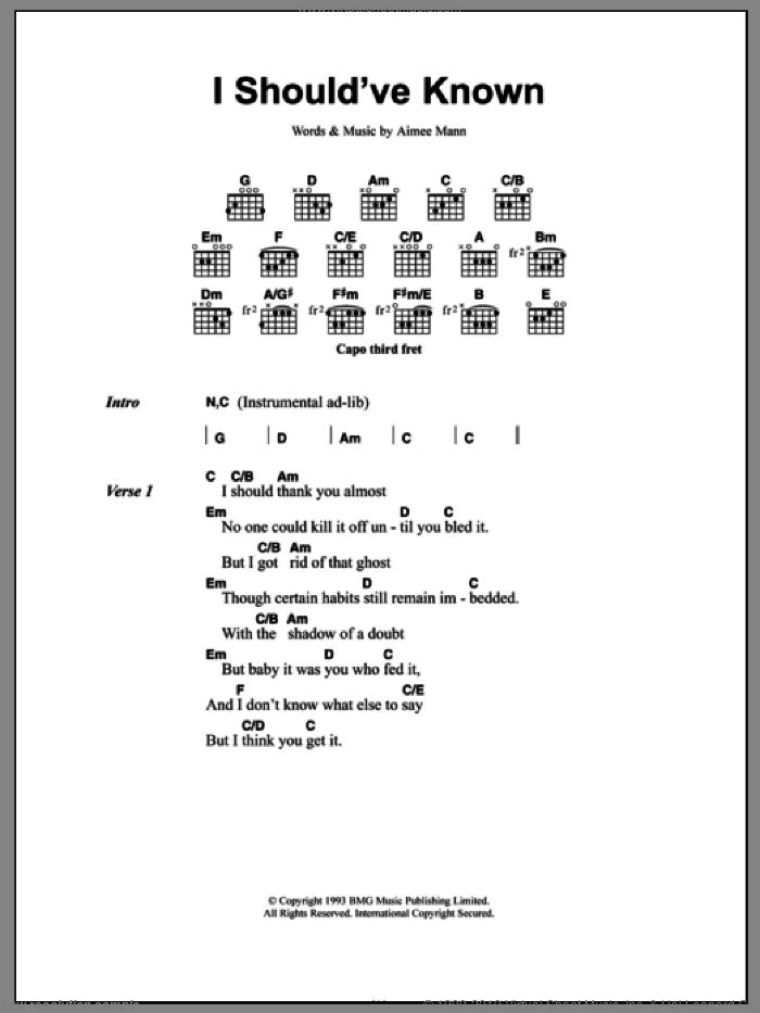 I Should've Known sheet music for guitar (chords) by Aimee Mann, intermediate skill level