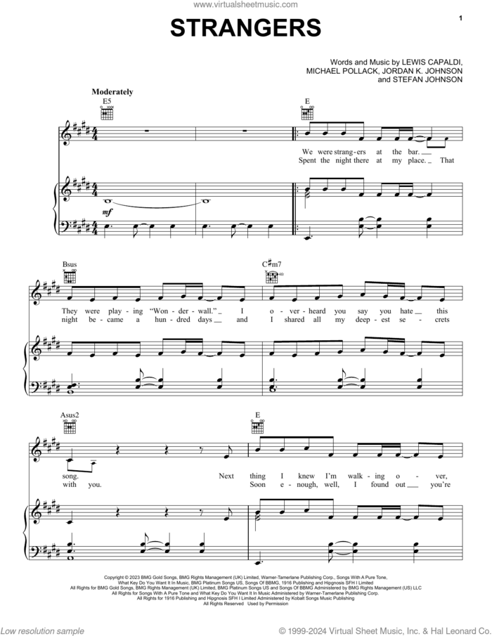 Strangers sheet music for voice, piano or guitar by Lewis Capaldi, Jordan K. Johnson, Michael Pollack and Stefan Johnson, intermediate skill level