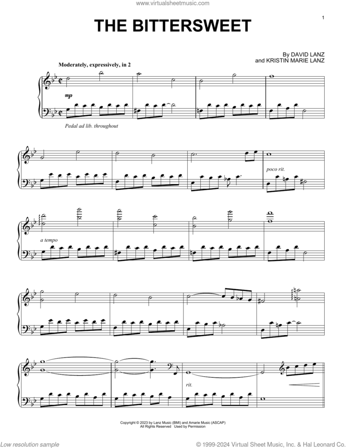 The Bittersweet sheet music for piano solo by David Lanz and Kristin Marie Lanz, classical score, intermediate skill level