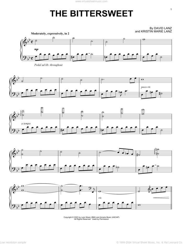 The Bittersweet sheet music for piano solo by David Lanz and Kristin Marie Lanz, classical score, intermediate skill level