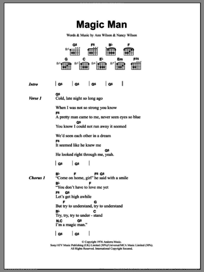 Magic Man sheet music for guitar (chords) by Heart, Ann Wilson and Nancy Wilson, intermediate skill level