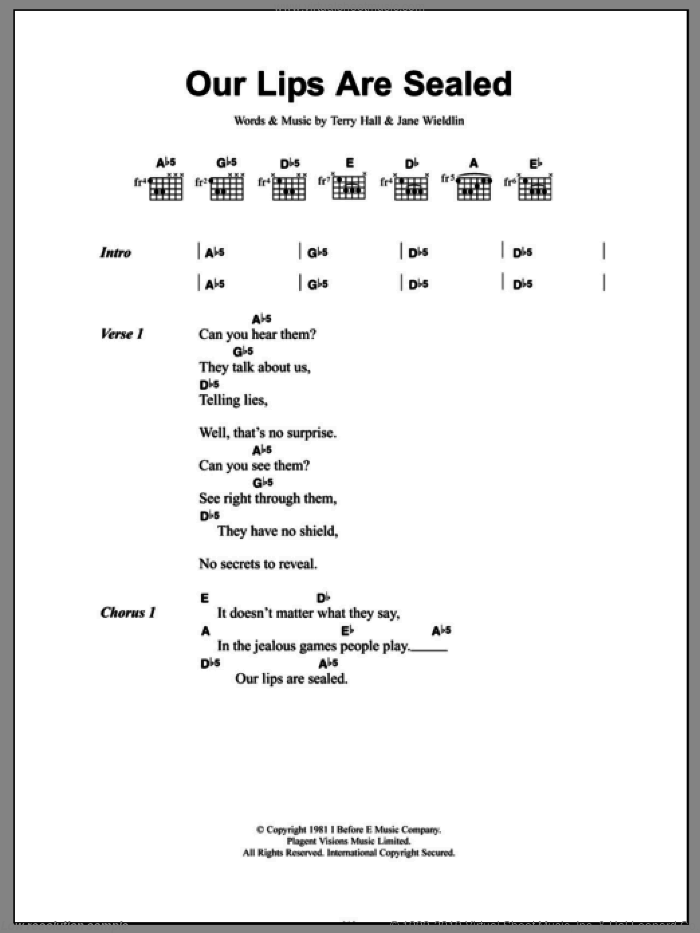 Our Lips Are Sealed sheet music for guitar (chords) by The Go-Go's, Jane Wiedlin and Terry Hall, intermediate skill level