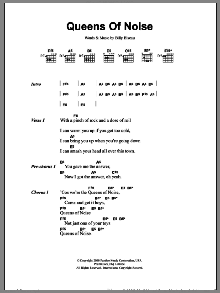 Queens Of Noise sheet music for guitar (chords) by The Runaways and Billy Bizeau, intermediate skill level