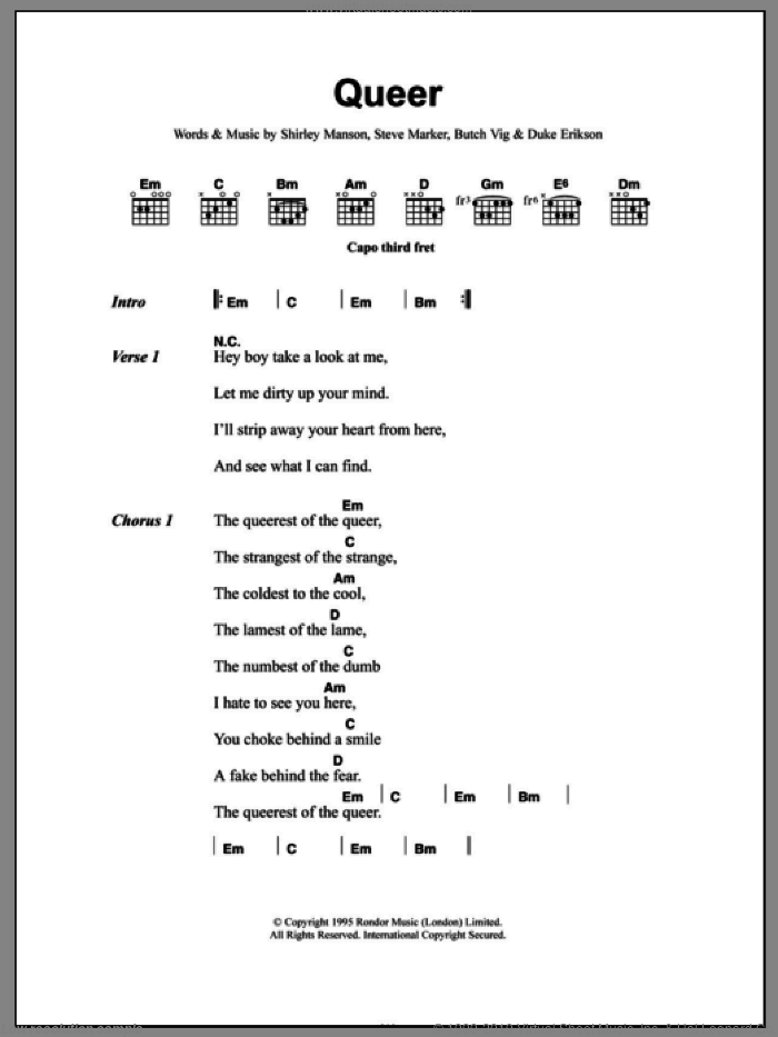 Queer sheet music for guitar (chords) by Garbage, Butch Vig, Duke Erikson, Shirley Manson and Steve Marker, intermediate skill level