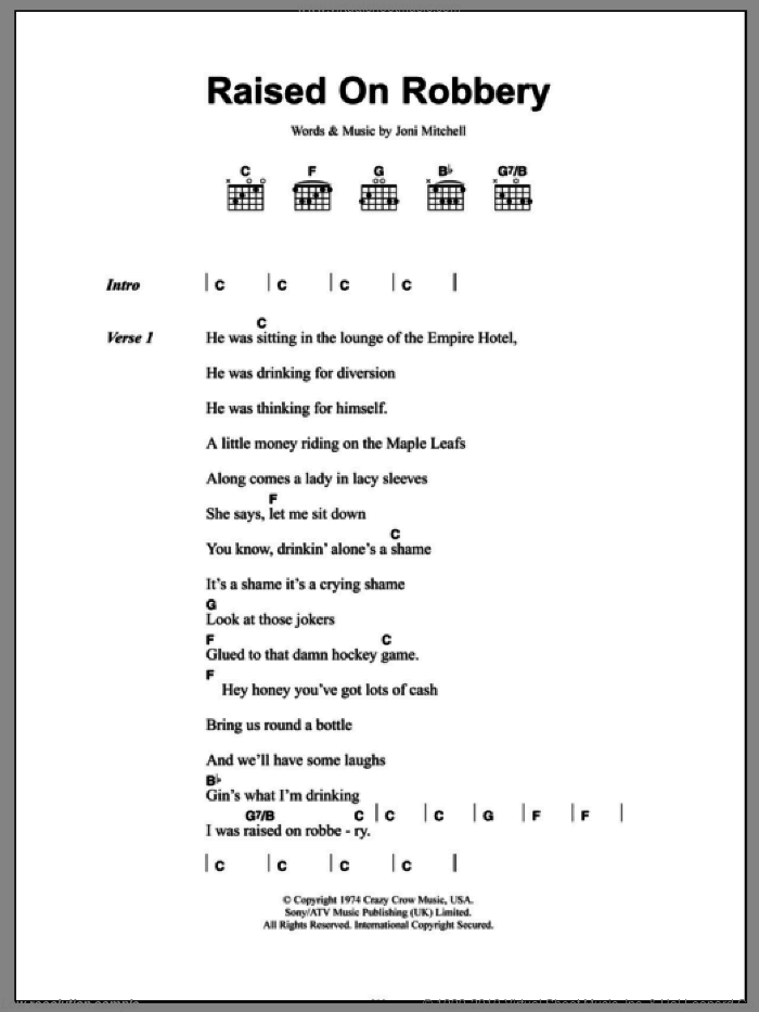 Raised On Robbery sheet music for guitar (chords) by Joni Mitchell, intermediate skill level