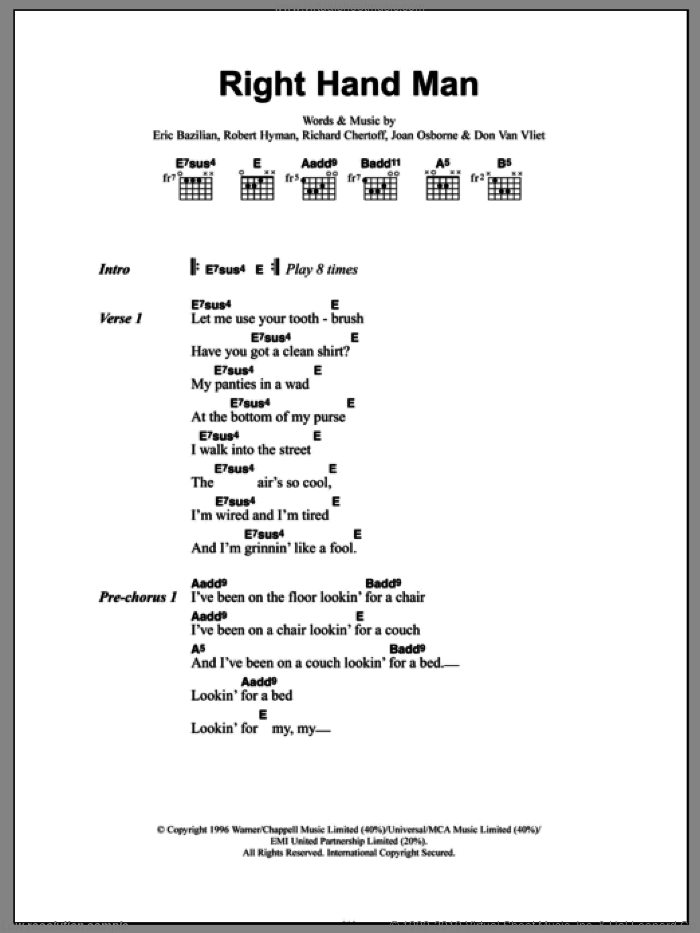 Right Hand Man sheet music for guitar (chords) by Joan Osbourne, Don Van Vliet, Eric Bazilian, Richard Chertoff and Rob Hyman, intermediate skill level