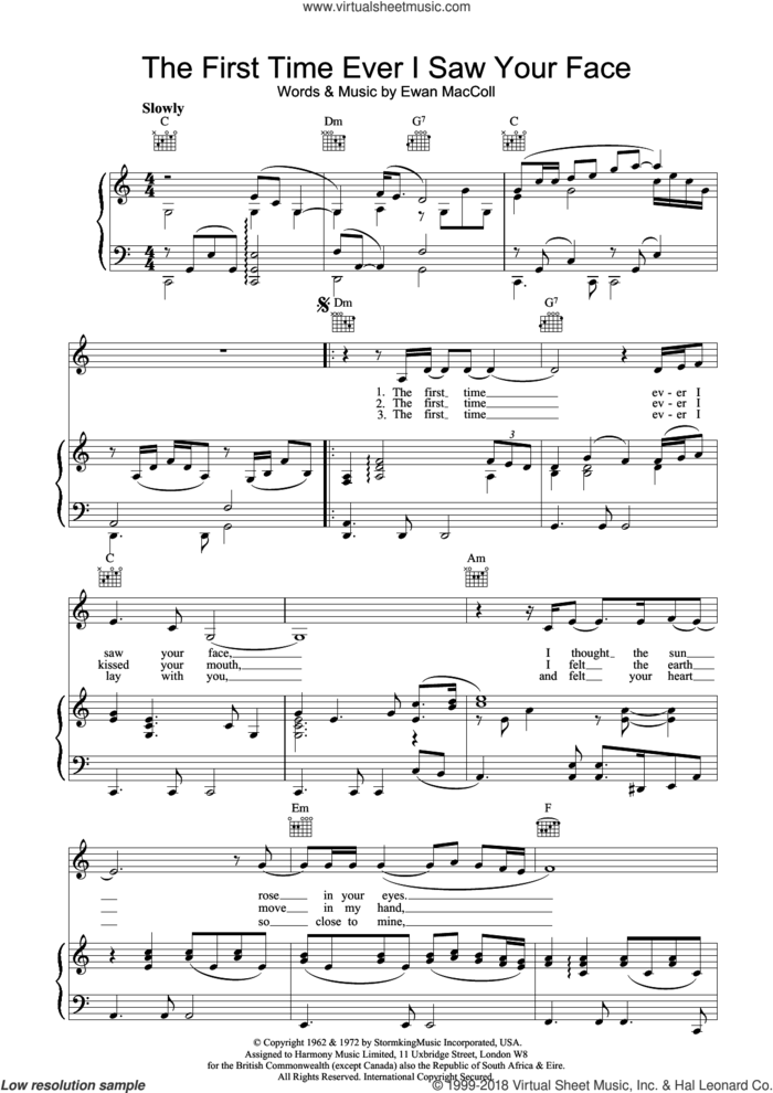 The First Time Ever I Saw Your Face sheet music for voice, piano or guitar by Johnny Mathis, Journey South and Ewan MacColl, intermediate skill level
