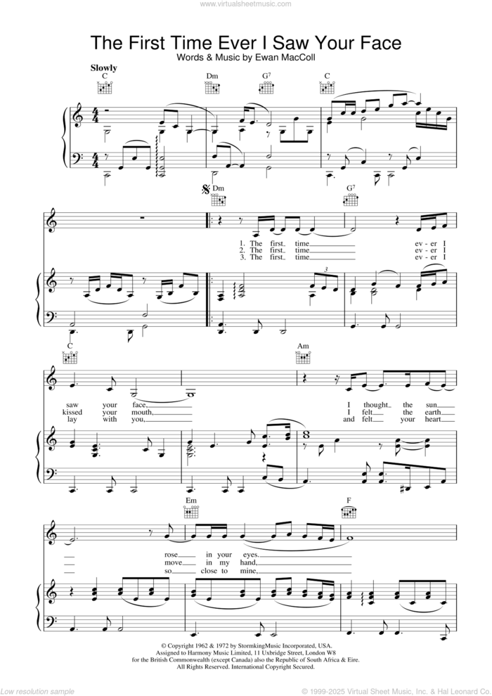 The First Time Ever I Saw Your Face sheet music for voice, piano or guitar by Johnny Mathis, Journey South and Ewan MacColl, intermediate skill level