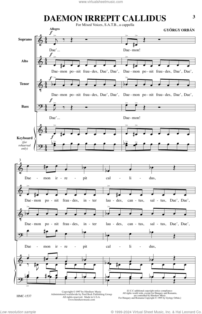 Daemon Irrepit Callidus sheet music for choir (SATB: soprano, alto, tenor, bass) by Gyorgy Orban, intermediate skill level