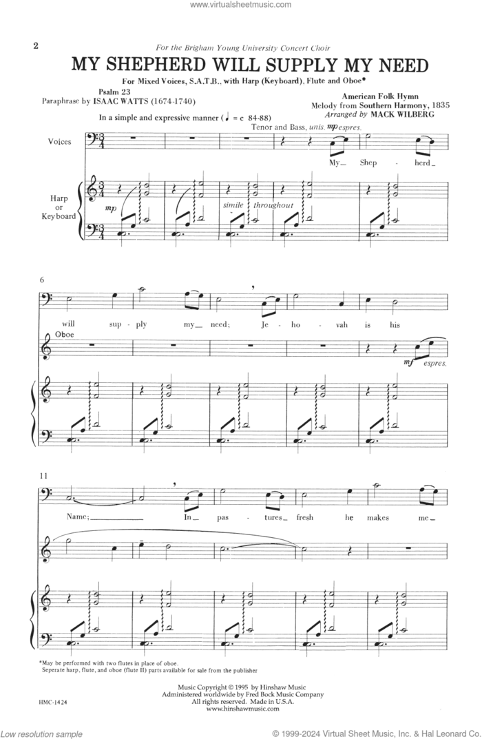 My Shepherd Will Supply My Need sheet music for choir (SATB: soprano, alto, tenor, bass) by Mack Wilberg, intermediate skill level