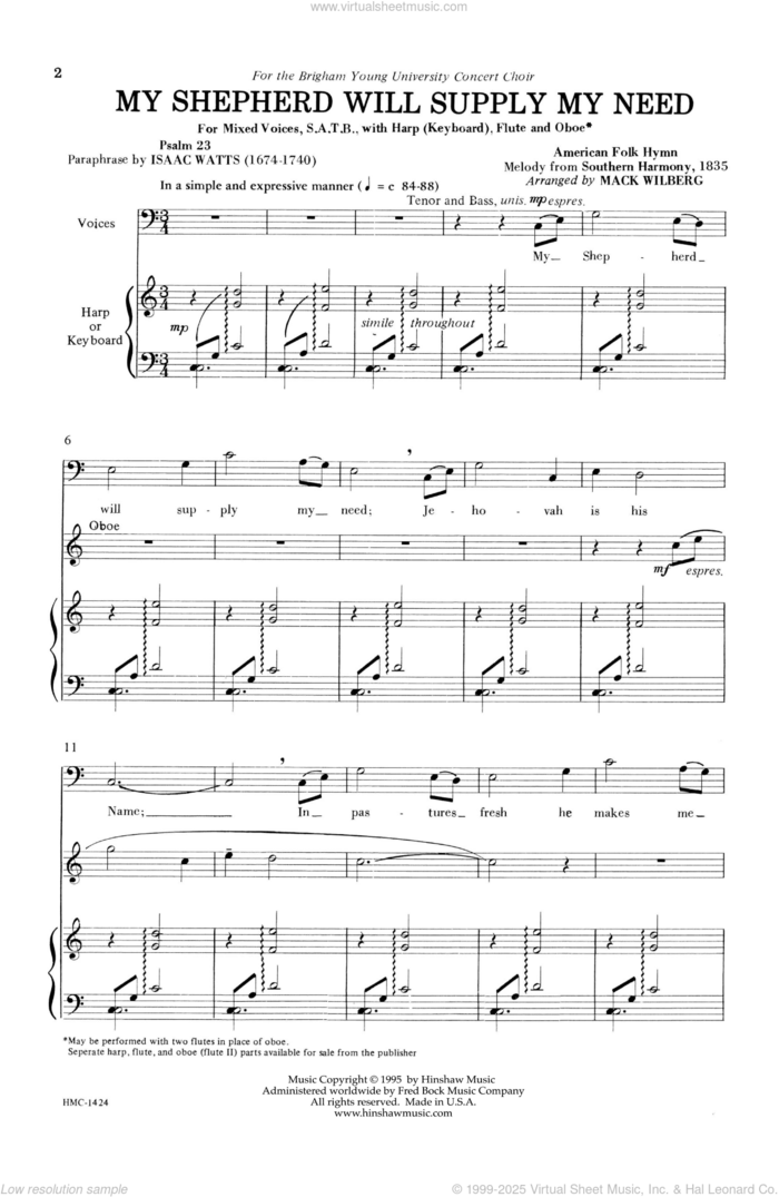 My Shepherd Will Supply My Need sheet music for choir (SATB: soprano, alto, tenor, bass) by Mack Wilberg, intermediate skill level