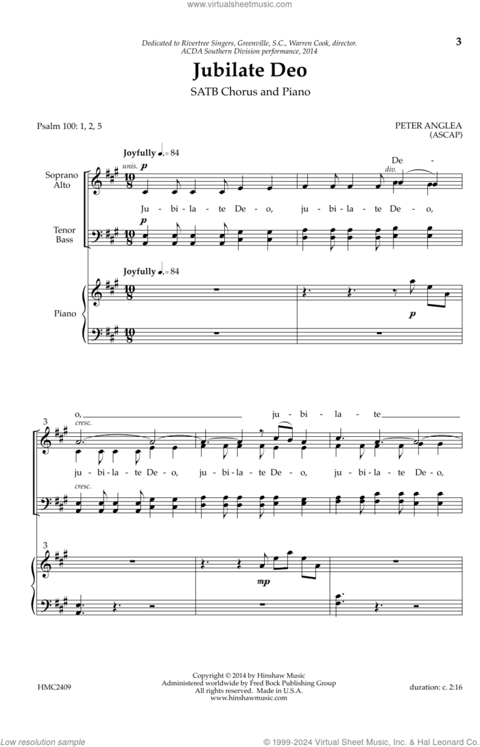 Jubilate Deo sheet music for choir (SATB: soprano, alto, tenor, bass) by Peter Anglea, intermediate skill level