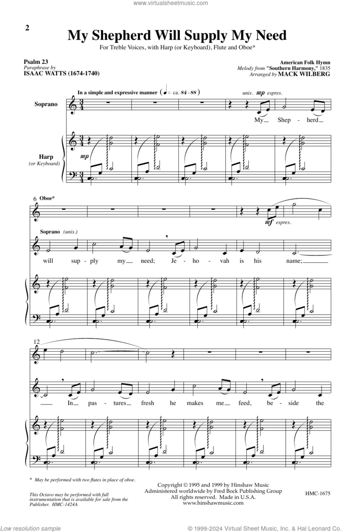 My Shepherd Will Supply My Need sheet music for choir (SSAA: soprano, alto) by Mack Wilberg, intermediate skill level