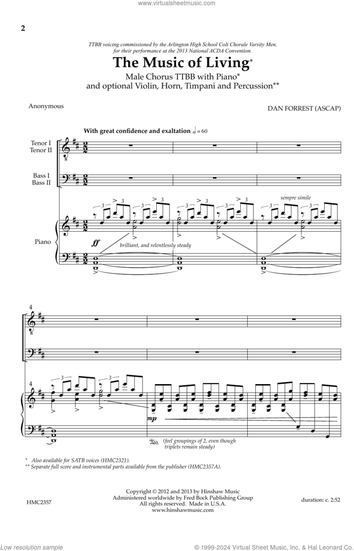 The Music Of Living sheet music for choir (TTBB: tenor, bass) by Dan Forrest, intermediate skill level
